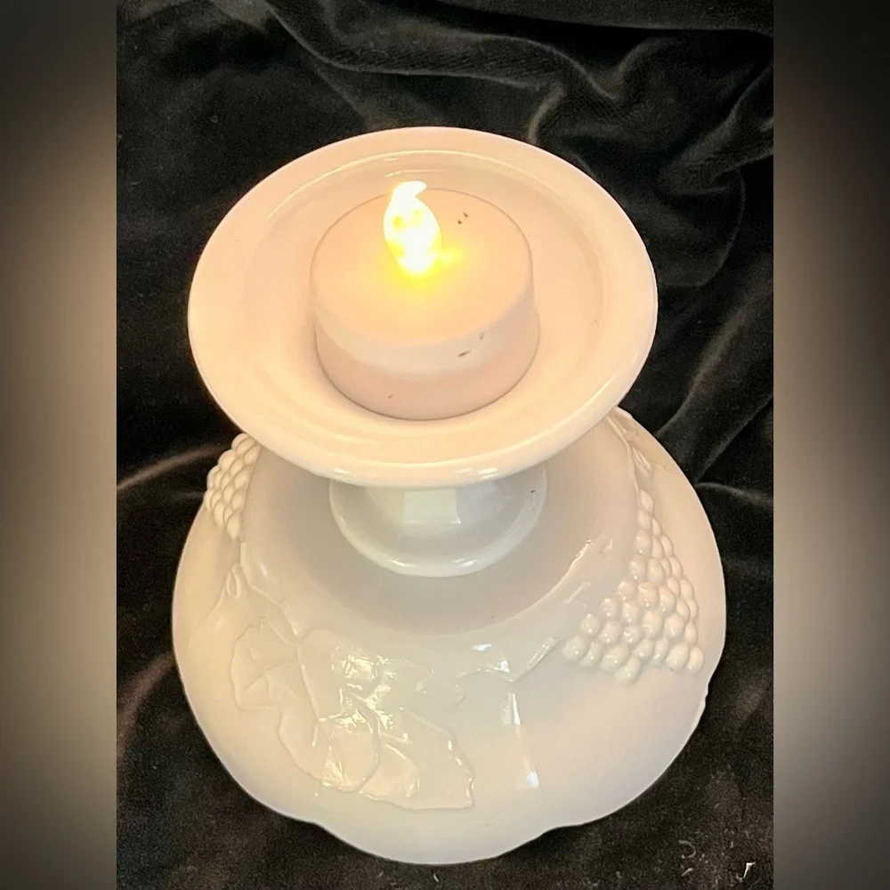 Indiana Glass Colony Harvest White Milk Glass Pedestal Candle Holder Grape VTG